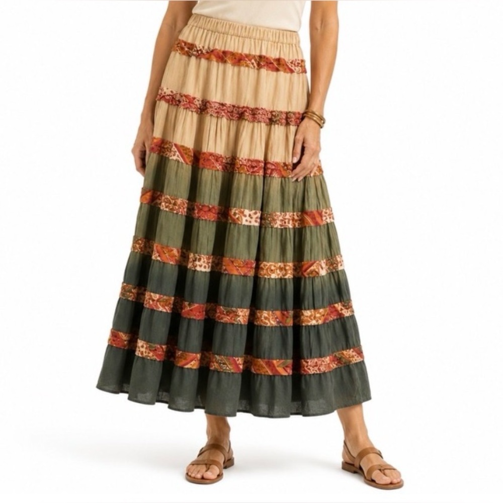 Boho Patchwork Tiered Midi Skirt European Made Linen Ombre Elastic Waist M